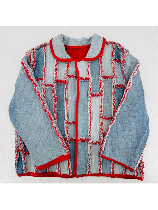 Unbranded Jackets & Blazers - Vintage Heavy Denim Patchwork Jacket Red Lined Raw Fringe Seams Handmade READ